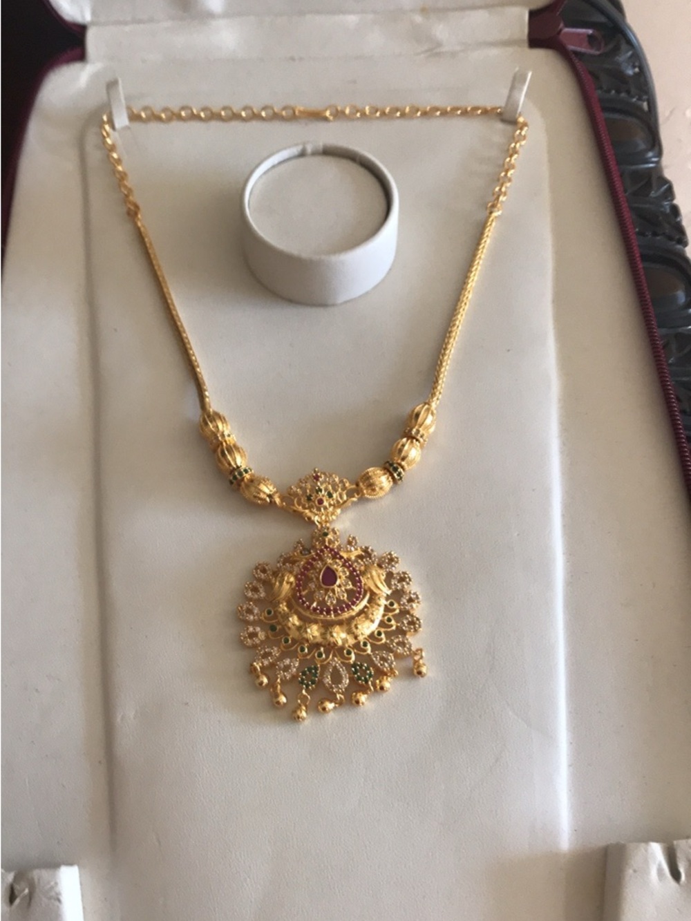 Gold-Tone Traditional Pendant Necklace with Red & Green Accents